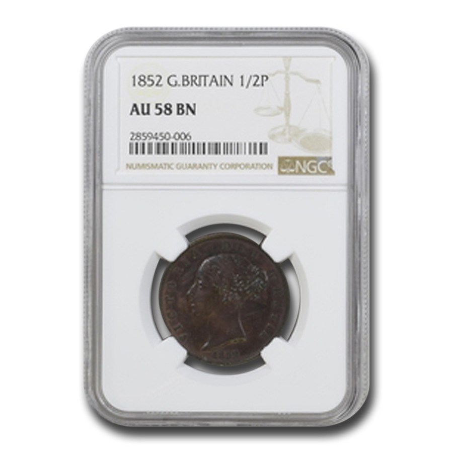 1852 Great Britain 1/2 Penny Victoria AU-58 NGC (Brown)