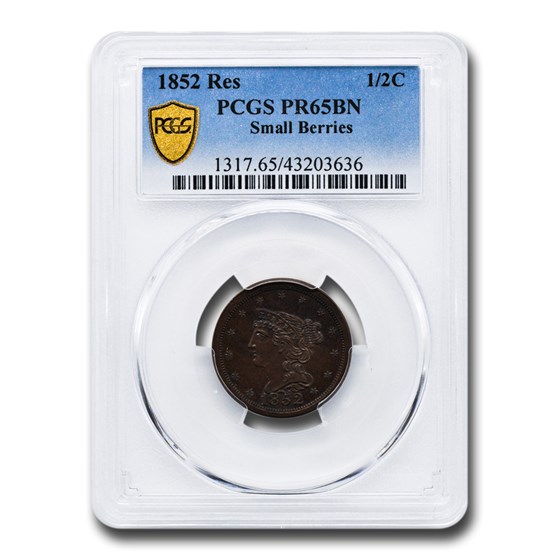 1852 Half Cent PR-65 PCGS (Brown, Restrike Small Berries) 1852 Half Cent PR-65 PCGS (Brown, Restrike Small Berries)