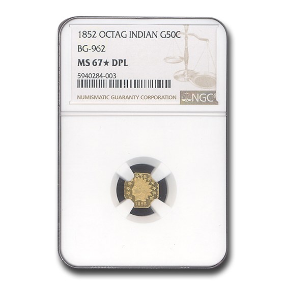 1852 Indian Octagonal 50 Cent Gold MS-67* NGC (DPL, BG-962) 1852 Indian Octagonal 50 Cent Gold MS-67* NGC (DPL, BG-962)