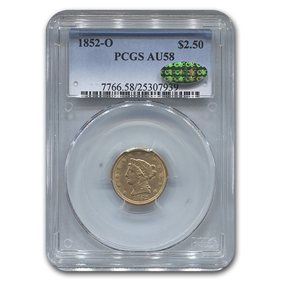 1852-O $2.50 Liberty Gold Quarter Eagle AU-58 PCGS CAC 1852-O $2.50 Liberty Gold Quarter Eagle AU-58 PCGS CAC