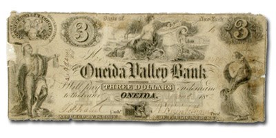 1852 Oneida Valley Bank, Oneida NY $3 NY-930, VF COUNTERFEIT 1852 Oneida Valley Bank, Oneida NY $3 NY-930, VF COUNTERFEIT