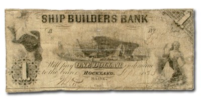 1853 $1.00 Ship Builder Bank of Rockland, ME ME510 VG Details 1853 $1.00 Ship Builder Bank of Rockland, ME ME510 VG Details