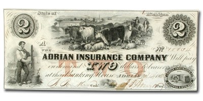 1853 $2.00 Adrian Insurance Co., Adrian MI, AU 1853 $2.00 Adrian Insurance Co., Adrian MI, AU