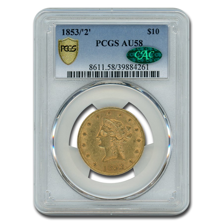 1853/2 $10 Liberty Gold Eagle AU-58 PCGS CAC