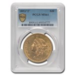 1853/2 $20 Liberty Gold Double Eagle MS-61 PCGS