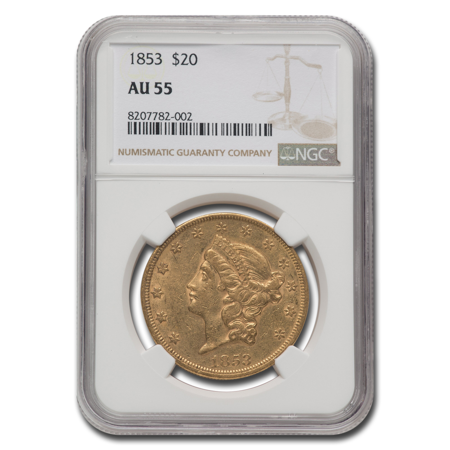 1853 $20 Liberty Gold Double Eagle AU-55 NGC
