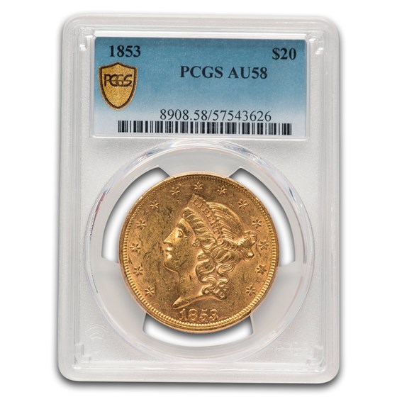 1853 $20 Liberty Gold Double Eagle AU-58 PCGS