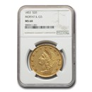1853 $20 Moffat & Co Liberty Gold Double Eagle MS-60 NGC