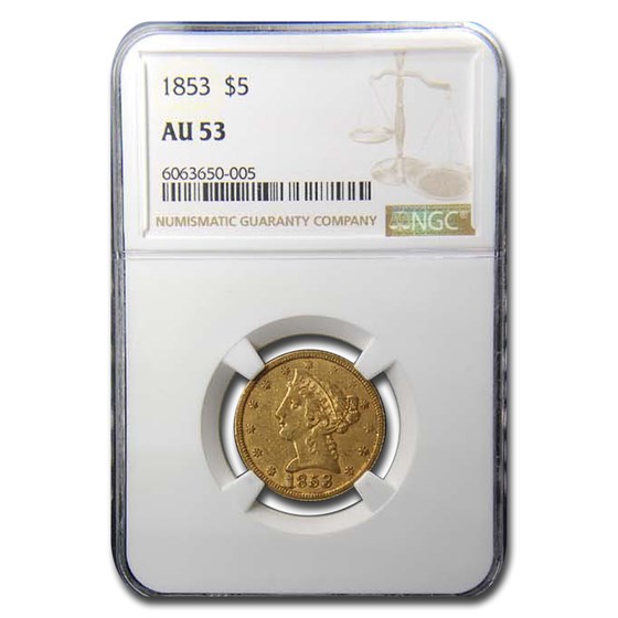 1853 $5 Liberty Gold Half Eagle AU-53 NGC 1853 $5 Liberty Gold Half Eagle AU-53 NGC