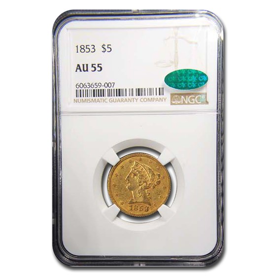 1853 $5 Liberty Gold Half Eagle AU-55 NGC CAC