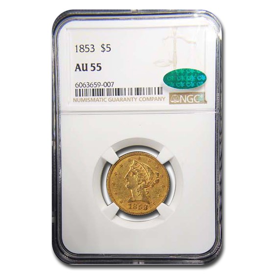 1853 $5 Liberty Gold Half Eagle AU-55 NGC CAC 1853 $5 Liberty Gold Half Eagle AU-55 NGC CAC
