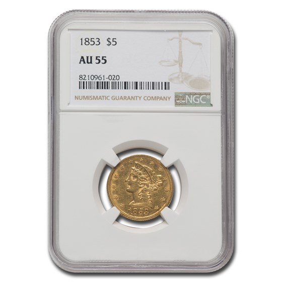 1853 $5 Liberty Gold Half Eagle AU-55 NGC 1853 $5 Liberty Gold Half Eagle AU-55 NGC