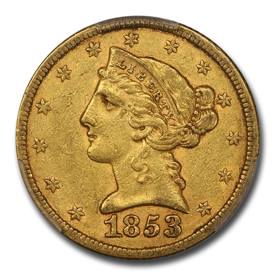 1853 $5 Liberty Gold Half Eagle AU-55 PCGS CAC 1853 $5 Liberty Gold Half Eagle AU-55 PCGS CAC