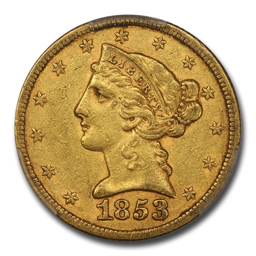 1853 $5 Liberty Gold Half Eagle AU-55 PCGS CAC