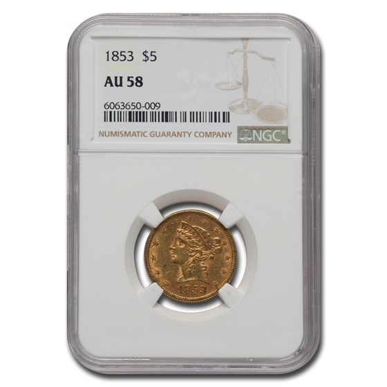 1853 $5 Liberty Gold Half Eagle AU-58 NGC 1853 $5 Liberty Gold Half Eagle AU-58 NGC