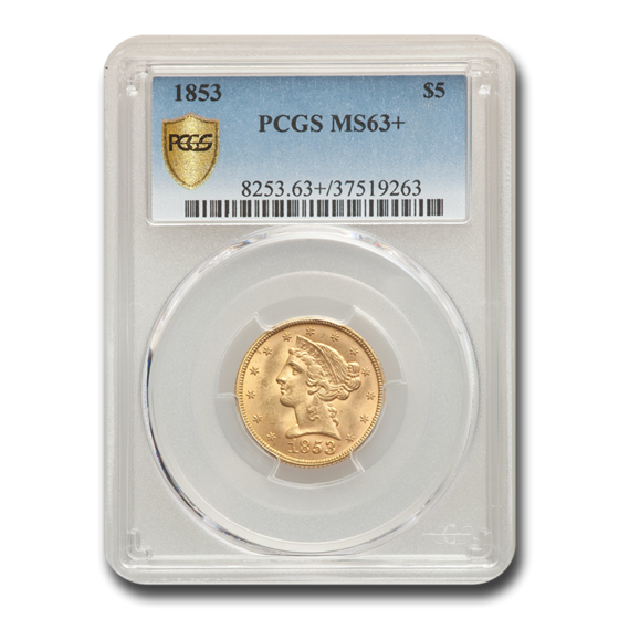 1853 $5 Liberty Gold Half Eagle MS-63+ PCGS 1853 $5 Liberty Gold Half Eagle MS-63+ PCGS
