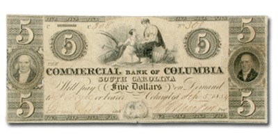 1853-56 Commercial Bank of Columbia, South Carolina $5 SC-70 VF 1853-56 Commercial Bank of Columbia, South Carolina $5 SC-70 VF