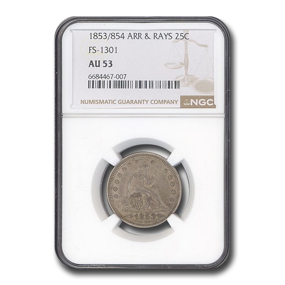 1853/854 Liberty Seated Quarter AU-53 NGC (Arrows & Rays)