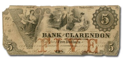 1853 Bank of Clarendon, Fayetteville, NC $5, NC-15, VF 1853 Bank of Clarendon, Fayetteville, NC $5, NC-15, VF