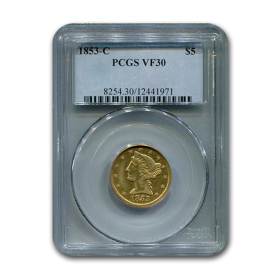 1853-C $5 Liberty Gold Half Eagle VF-30 PCGS 1853-C $5 Liberty Gold Half Eagle VF-30 PCGS