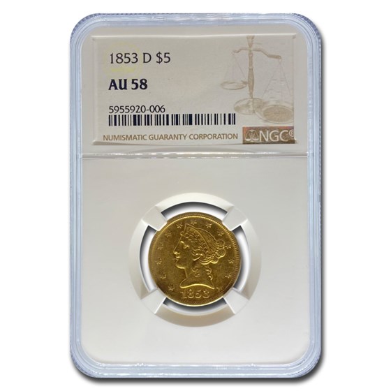 1853-D $5.00 Liberty Gold Half Eagle AU-58 NGC 1853-D $5.00 Liberty Gold Half Eagle AU-58 NGC