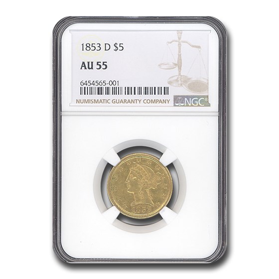 1853-D $5 Liberty Gold Half Eagle AU-55 NGC 1853-D $5 Liberty Gold Half Eagle AU-55 NGC