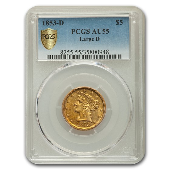 1853-D $5 Liberty Gold Half Eagle AU-55 PCGS (Large D) 1853-D $5 Liberty Gold Half Eagle AU-55 PCGS (Large D)