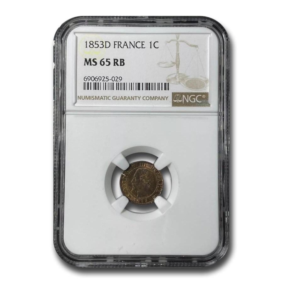 1853-D France 1 Centime Napoleon III MS-65 NGC (Red/Brown)