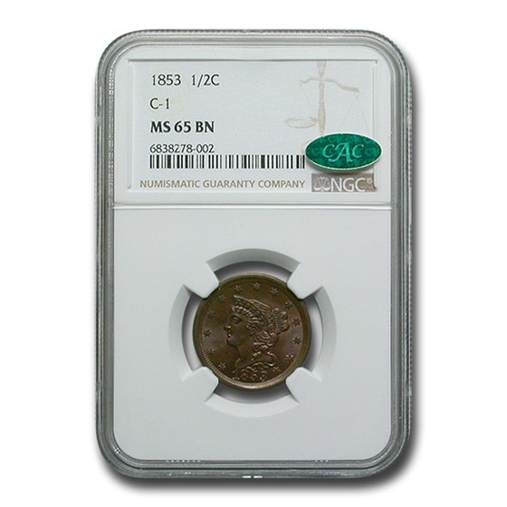 1853 Half Cent MS-65 NGC CAC (Brown) 1853 Half Cent MS-65 NGC CAC (Brown)