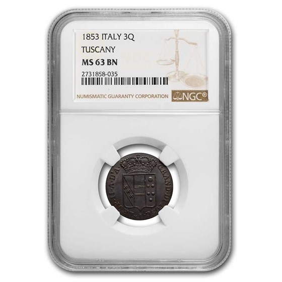 1853 Italian States-Tuscany 3 Quattrini MS-63 NGC (BN) 1853 Italian States-Tuscany 3 Quattrini MS-63 NGC (BN)