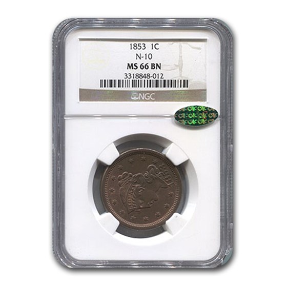 1853 Large Cent MS-66 NGC CAC (Brown, Newcomb 10) 1853 Large Cent MS-66 NGC CAC (Brown, Newcomb 10)