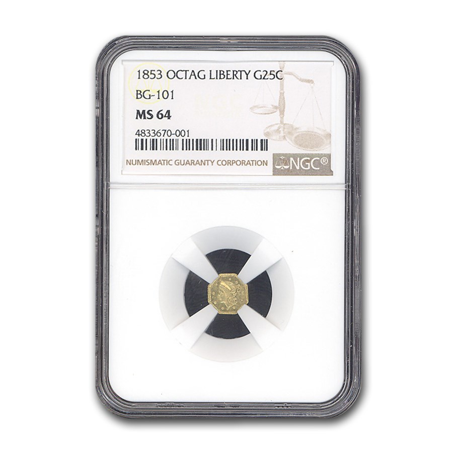 Buy 1853 Liberty Octagonal 25 Cent Gold MS-64 NGC (BG-101) | APMEX