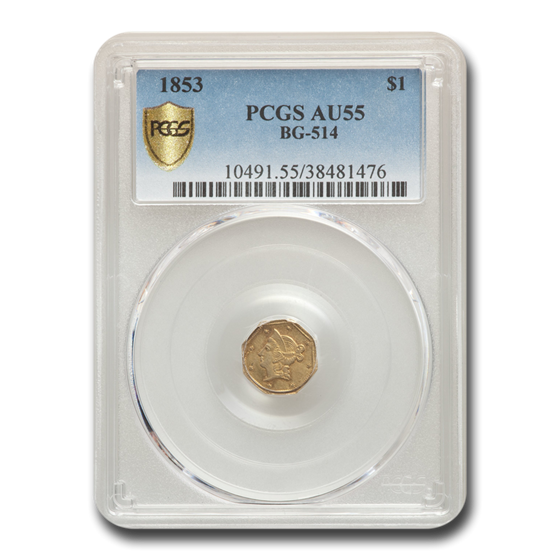 1853 Liberty Octagonal One Dollar Gold AU-55 PCGS (BG-514) 1853 Liberty Octagonal One Dollar Gold AU-55 PCGS (BG-514)