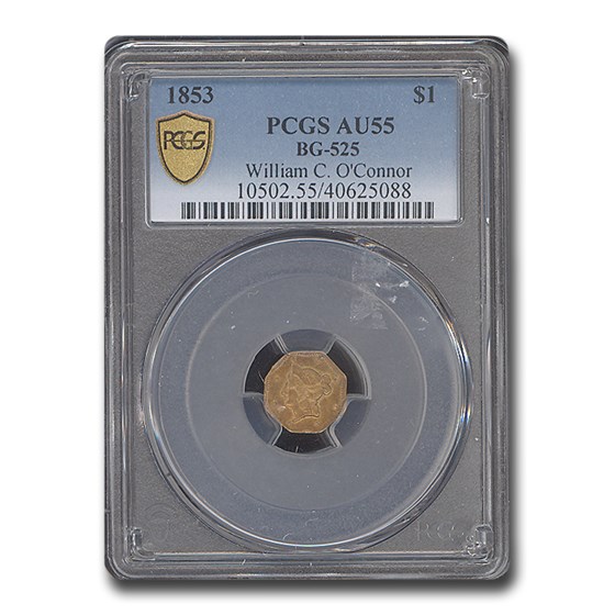 1853 Liberty Octagonal One Dollar Gold AU-55 PCGS (BG-525)