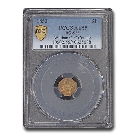 1853 Liberty Octagonal One Dollar Gold AU-55 PCGS (BG-525) 1853 Liberty Octagonal One Dollar Gold AU-55 PCGS (BG-525)