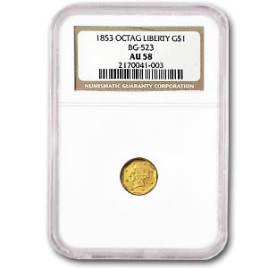 1853 Liberty Octagonal One Dollar Gold AU-58 NGC (BG-523) 1853 Liberty Octagonal One Dollar Gold AU-58 NGC (BG-523)