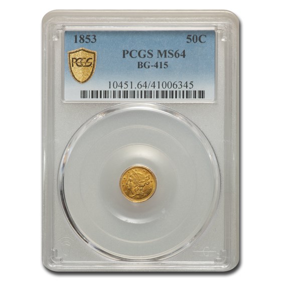 1853 Liberty Round 50 Cent Gold MS-64 PCGS (BG-415) 1853 Liberty Round 50 Cent Gold MS-64 PCGS (BG-415)