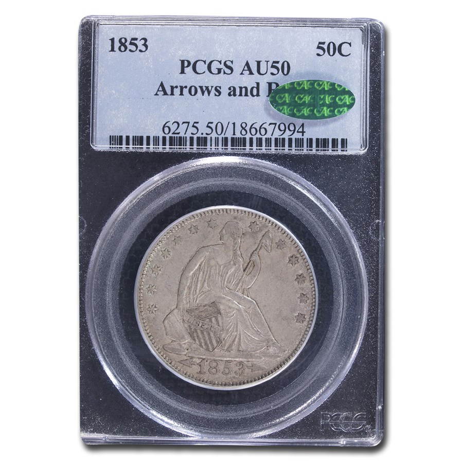 1853 Liberty Seated Half Dollar AU-50 PCGS CAC (Arrows & Rays)