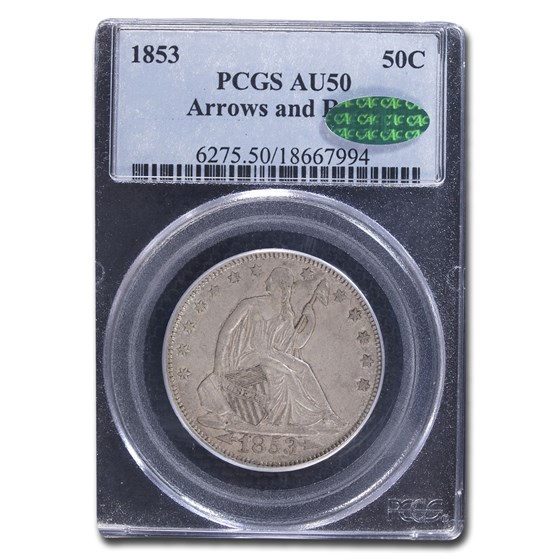 1853 Liberty Seated Half Dollar AU-50 PCGS CAC (Arrows & Rays) 1853 Liberty Seated Half Dollar AU-50 PCGS CAC (Arrows & Rays)