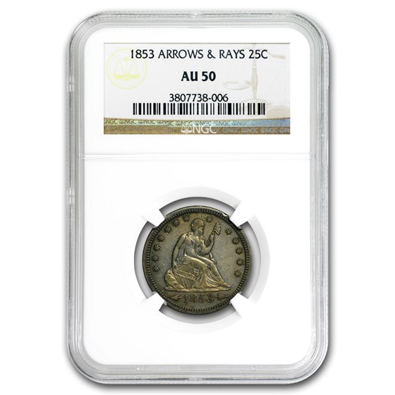 1853 Liberty Seated Quarter Arrows and Rays AU-50 NGC