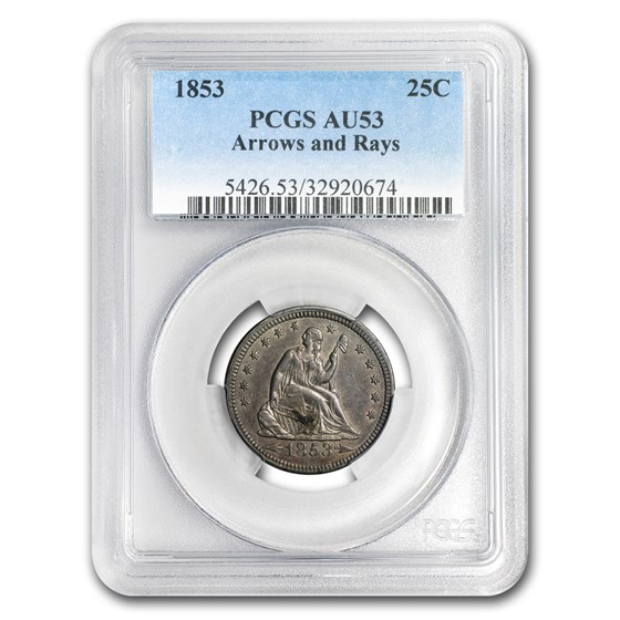 1853 Liberty Seated Quarter Arrows and Rays AU-53 PCGS 1853 Liberty Seated Quarter Arrows and Rays AU-53 PCGS