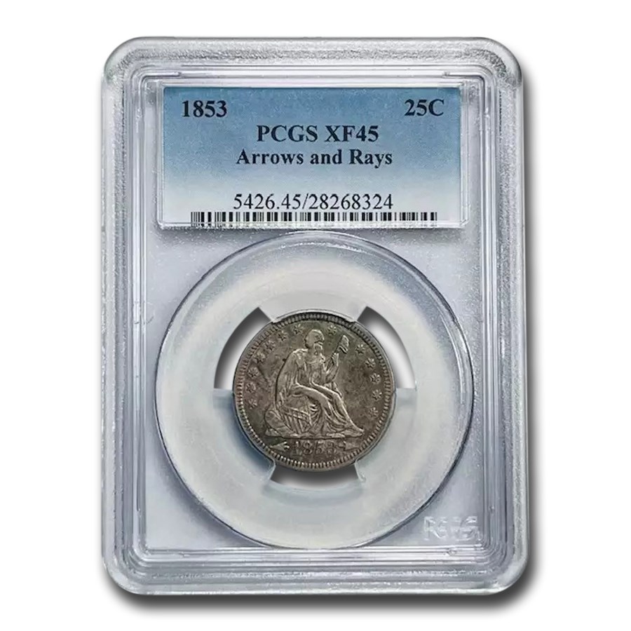 1853 Liberty Seated Quarter Arrows and Rays XF-45 PCGS