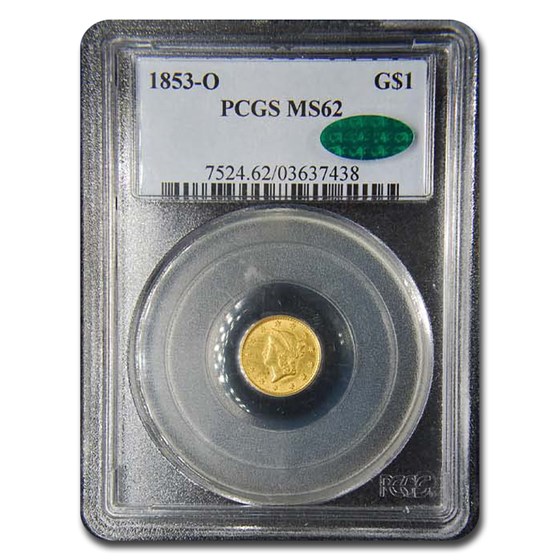 1853-O $1 Liberty Head Gold MS-62 PCGS CAC 1853-O $1 Liberty Head Gold MS-62 PCGS CAC