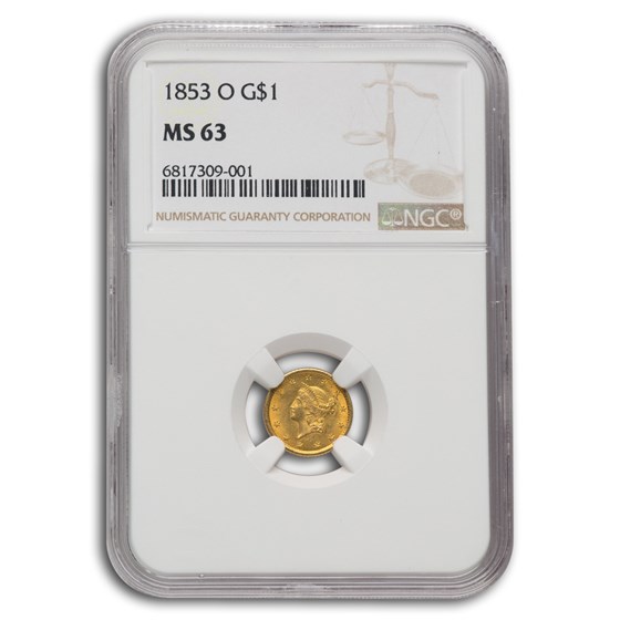 1853-O $1 Liberty Head Gold MS-63 NGC 1853-O $1 Liberty Head Gold MS-63 NGC