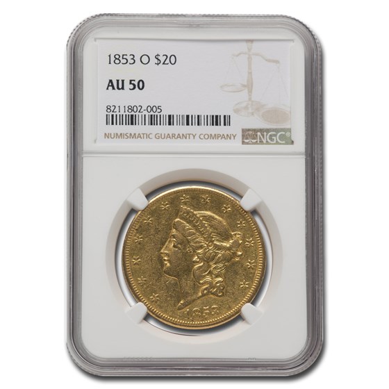 1853-O $20 Liberty Gold Double Eagle AU-50 NGC 1853-O $20 Liberty Gold Double Eagle AU-50 NGC