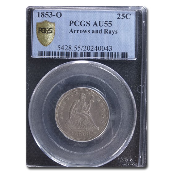1853-O Liberty Seated Quarter w/ Arrows and Rays AU-55 PCGS 1853-O Liberty Seated Quarter w/ Arrows and Rays AU-55 PCGS