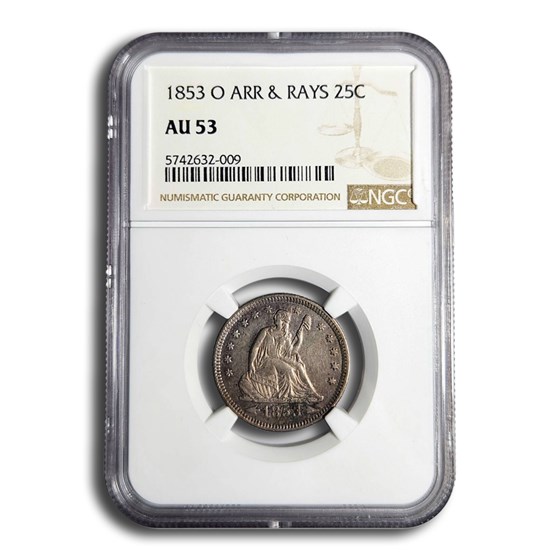 1853-O Seated Liberty Quarter AU-53 NGC (Arr. and Rays) 1853-O Seated Liberty Quarter AU-53 NGC (Arr. and Rays)