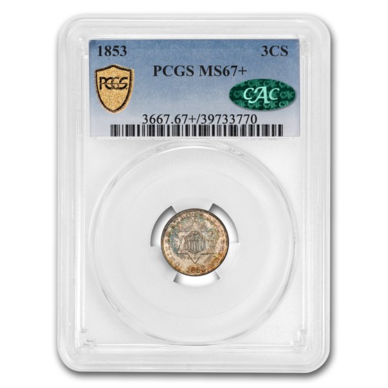 1853 Three Cent Silver MS-67+ PCGS CAC (Plus Designation) 1853 Three Cent Silver MS-67+ PCGS CAC (Plus Designation)