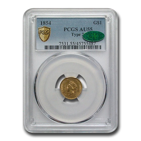 1854 $1 Indian Head Gold AU-55 PCGS CAC 1854 $1 Indian Head Gold AU-55 PCGS CAC