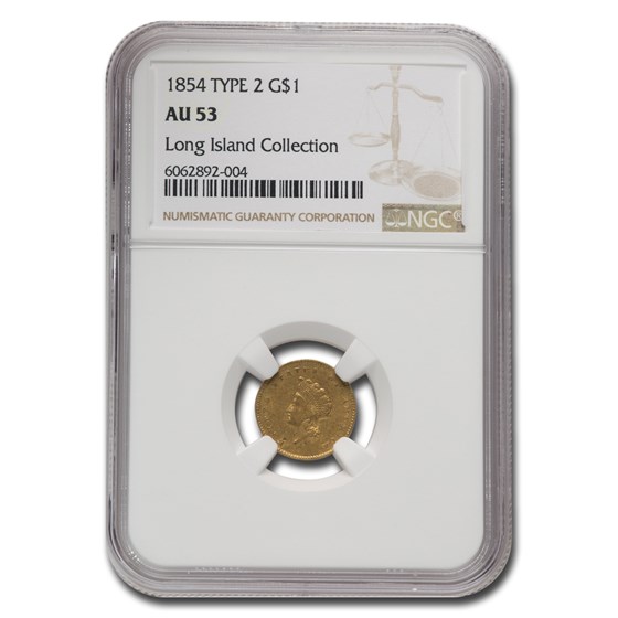 1854 $1 Indian Head Gold Type 2 AU-53 NGC 1854 $1 Indian Head Gold Type 2 AU-53 NGC
